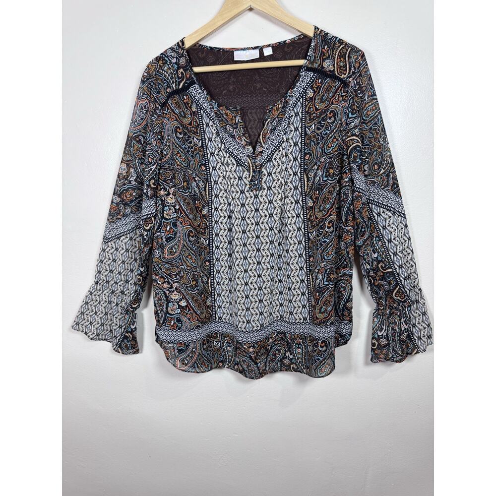 Belle Kim Gravel Womens Peasent Blouse Bell Sleeve L Paisley Boho Bell Sleeve
